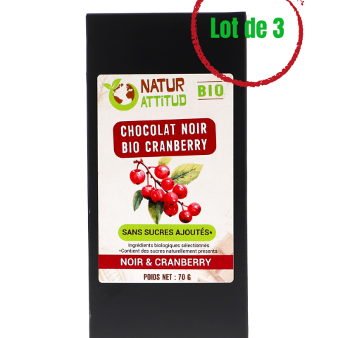 Lot de 3 - Chocolat Noir BIO Cranberry Sans Sucres Ajoutés (au Xylitol) - 3 x 70 g - Natur\'Attitud