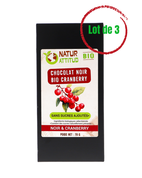 Lot de 3 - Chocolat Noir BIO Cranberry Sans Sucres Ajoutés (au Xylitol) - 3 x 70 g - Natur\'Attitud