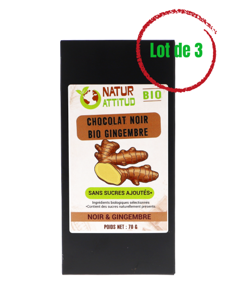 Lot de 3 - Chocolat Noir BIO Gingembre Sans Sucres Ajoutés (au Xylitol) - 3 x 70 g - Natur\'Attitud