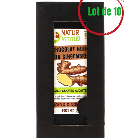 Lot de 10 - Chocolat Noir BIO Gingembre Sans Sucres Ajoutés (au Xylitol) - 10 x 70 g - Natur\'Attitud