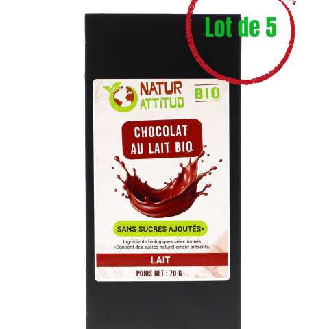 Lot de 5 - Chocolat au Lait BIO Sans Sucres Ajoutés (au Xylitol) - 5 x 70 g - Natur\'Attitud