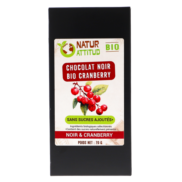 Lot de 10 - Chocolat Noir BIO Cranberry Sans Sucres Ajoutés (au Xylitol) - 10 x 70 g - Natur\'Attitud