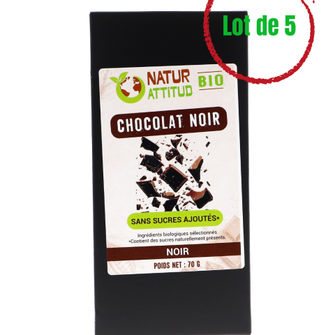 Lot de 5 - Chocolat Noir BIO Sans Sucres Ajoutés (au Xylitol) - 5 x 70 g - Natur\'Attitud
