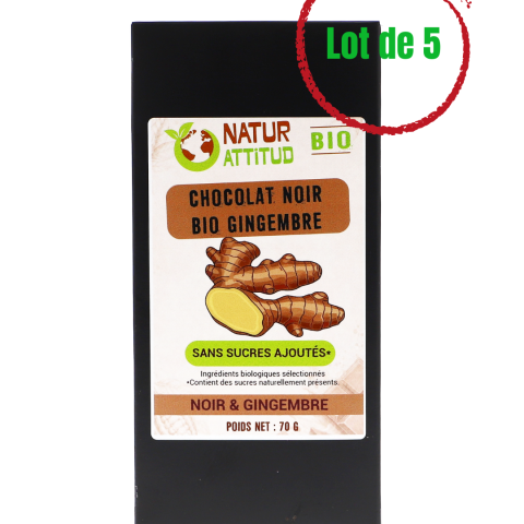 Lot de 5 - Chocolat Noir BIO Gingembre Sans Sucres Ajoutés (au Xylitol) - 5 x 70 g - Natur\'Attitud