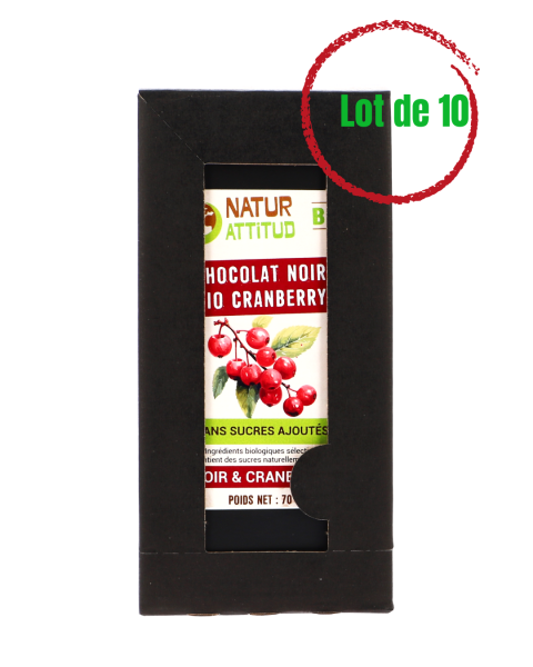 Lot de 10 - Chocolat Noir BIO Cranberry Sans Sucres Ajoutés (au Xylitol) - 10 x 70 g - Natur\'Attitud
