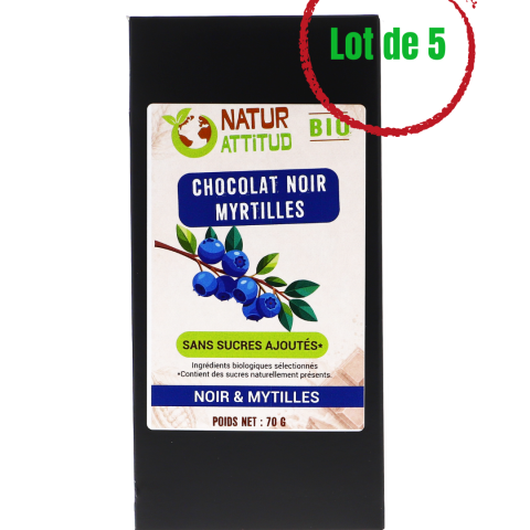 Lot de 5 - Chocolat Noir BIO Myrtilles Sans Sucres Ajoutés (au Xylitol) - 5 x 70 g - Natur\'Attitud