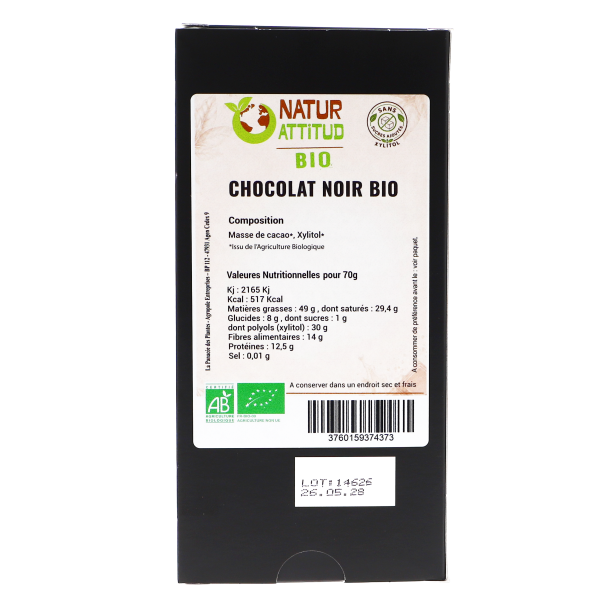 Lot de 3 - Chocolat au Lait BIO Sans Sucres Ajoutés (au Xylitol) - 3 x 70 g - Natur\'Attitud