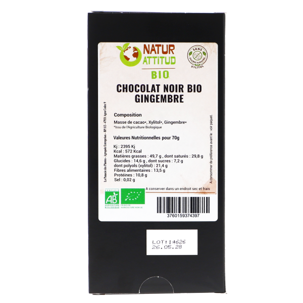Chocolat Noir BIO Gingembre Sans Sucres Ajoutés (au Xylitol) - 70 g - Natur\'Attitud