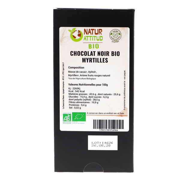 Lot de 3 - Chocolat Noir BIO Myrtilles Sans Sucres Ajoutés (au Xylitol) - 3 x 70 g - Natur\'Attitud