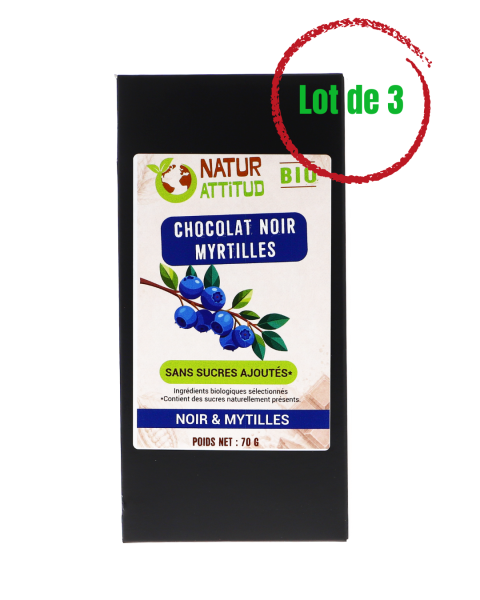 Lot de 3 - Chocolat Noir BIO Myrtilles Sans Sucres Ajoutés (au Xylitol) - 3 x 70 g - Natur\'Attitud