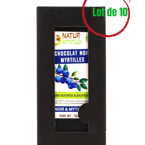 Lot de 10 - Chocolat Noir BIO Myrtilles Sans Sucres Ajoutés (au Xylitol) - 10 x 70 g - Natur\'Attitud