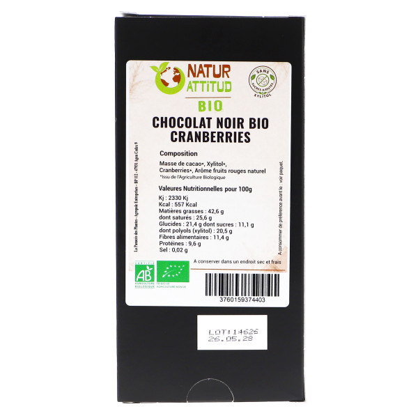 Lot de 3 - Chocolat Noir BIO Cranberry Sans Sucres Ajoutés (au Xylitol) - 3 x 70 g - Natur\'Attitud