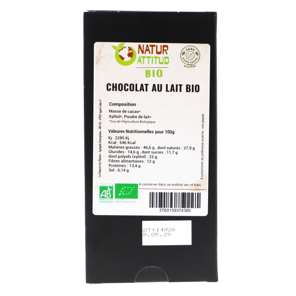 Lot de 5 - Chocolat au Lait BIO Sans Sucres Ajoutés (au Xylitol) - 5 x 70 g - Natur\'Attitud